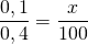 \displaystyle \frac{{0,1}}{{0,4}}=\frac{x}{{100}}