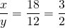 \displaystyle \frac{x}{y}=\frac{{18}}{{12}}=\frac{3}{2}