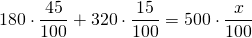 \displaystyle 180\cdot \frac{{45}}{{100}}+320\cdot \frac{{15}}{{100}}=500\cdot \frac{x}{{100}}